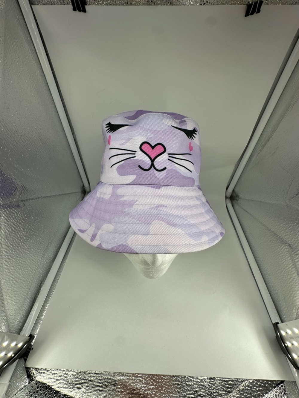 Lavender OMG Accessories Camo Cat Face Bucket Hat